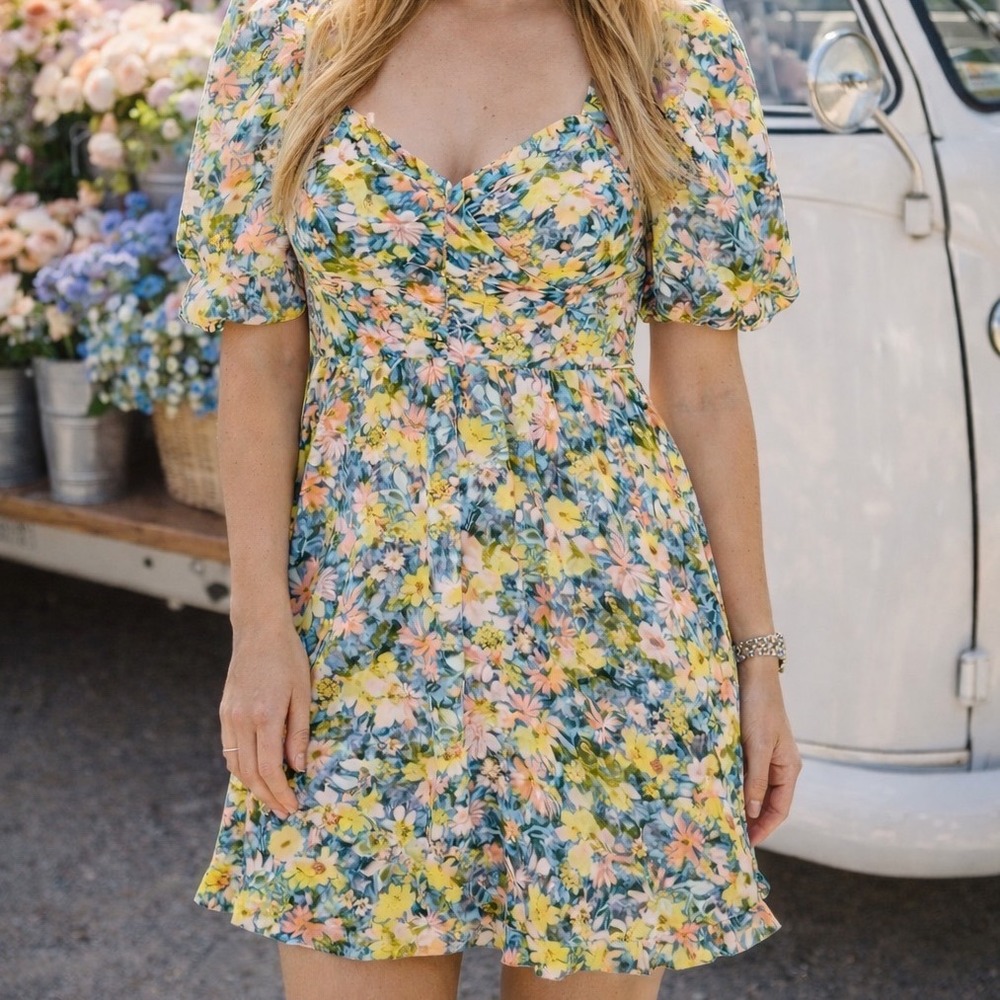Buddy Love Poppy-3 Floral Mini Dress Blue Yellow Puff Sleeve Smocked Medium Y2